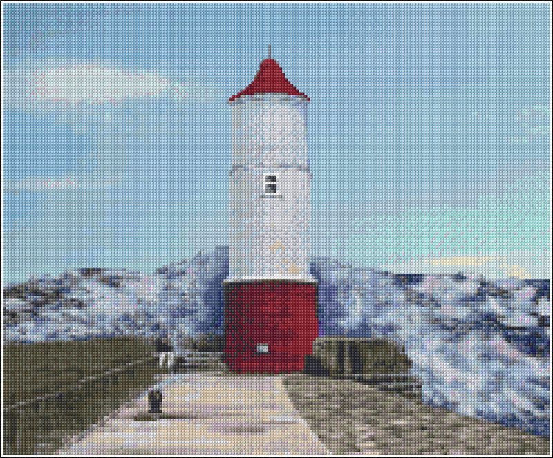 Counted Cross stitch design of North Berwick Lighthouse. Commision created by DoodleCraft Design