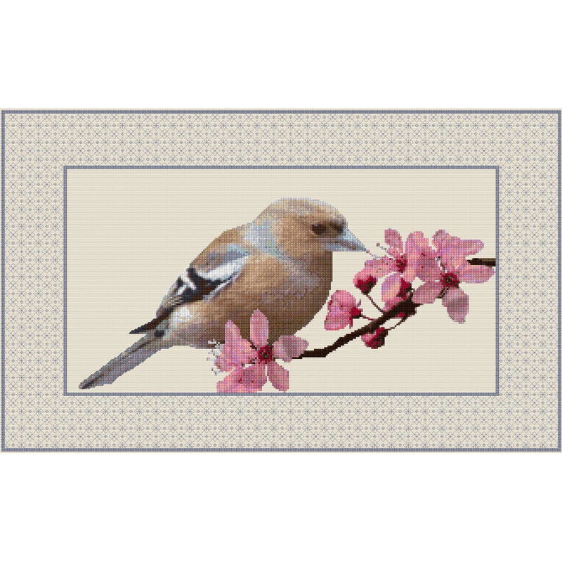 Chaffinch and Cherry Blossom kit created in counted cross stitch and blackwork from DoodleCraft Design