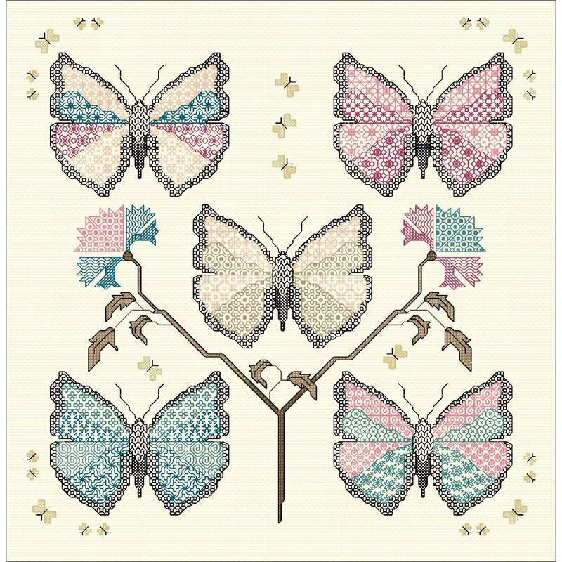 Blackwork embroidery Calico Butterflies in DMC threads from DoodleCraft Design