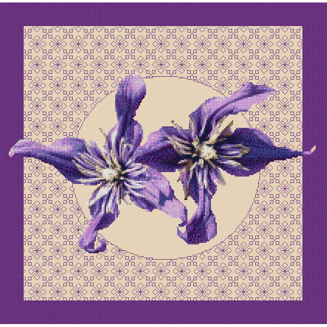 Clematis in Bloom kit created in counted cross sticth and blackwork from DoodleCraft Design