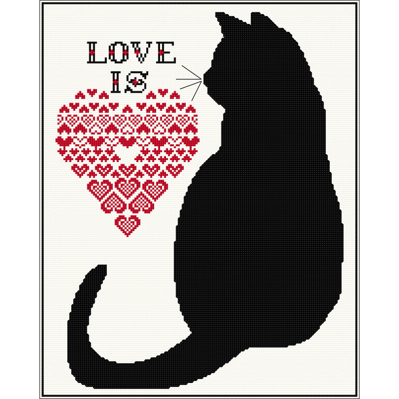 Cross stitch design of Black Cat. Love is.....Cats