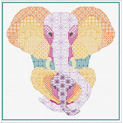 Blackwork Embroidery Elephant & Calf in Paint-Box Colours
