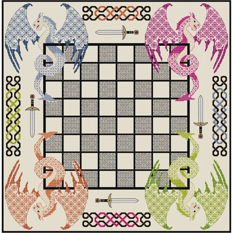 Stitched Games Board - Chess with Multi Coloured Dragons