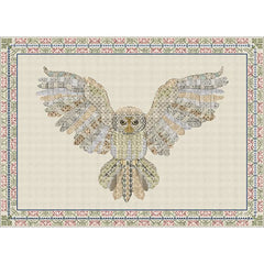Blackwork owl in flight stitched in natural colours from DoodleCraft Design