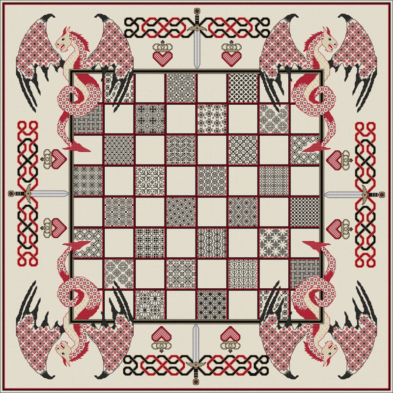 Cross stitch and blackwork embroidery Chess board with a blue Dragon theme from DoodleCraft Design