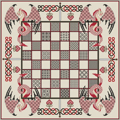 Cross stitch and blackwork embroidery Chess board with a blue Dragon theme from DoodleCraft Design