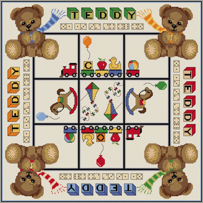 Quilt-your-own Three-in-a-row Teddies and Toys games board from DoodleCraft Design