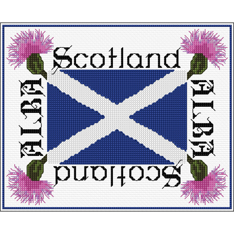 Cross stitch kit of design created using the Scottish flag from DoodleCraft Design