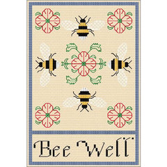 A cross stitch and Blackwork design of Bee's and Roses with a Bee Well message. Designed by DoodleCraft Design
