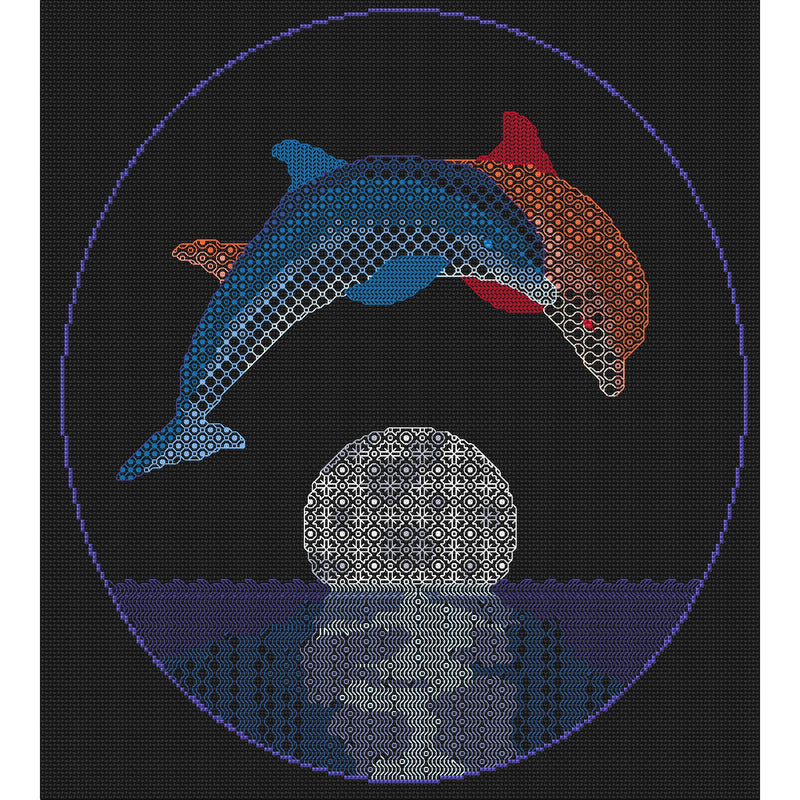 Dolphins at night stitched in Blackwork from DoodleCraft Design
