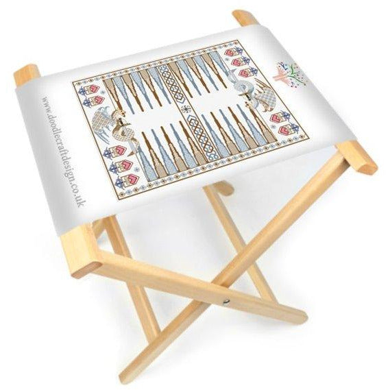 The DoodleCraft Design Dragon Backgammon games board printed onto canvas and made into a foldable board aqnd stool
