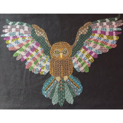 Blackwork owl in flight stitched in rainbow colours from DoodleCraft Design